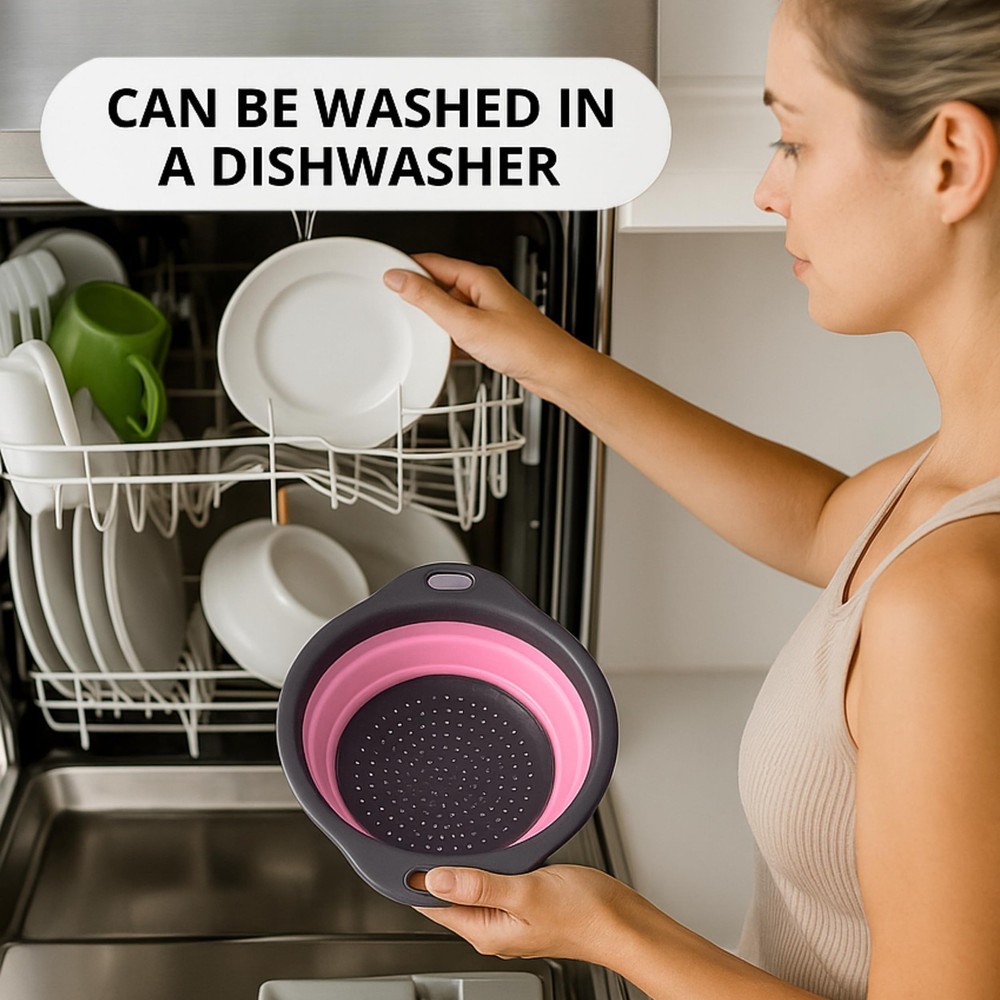 Pink Round Silicone Collapsible Kitchen Colander Plastic Handle Strainer