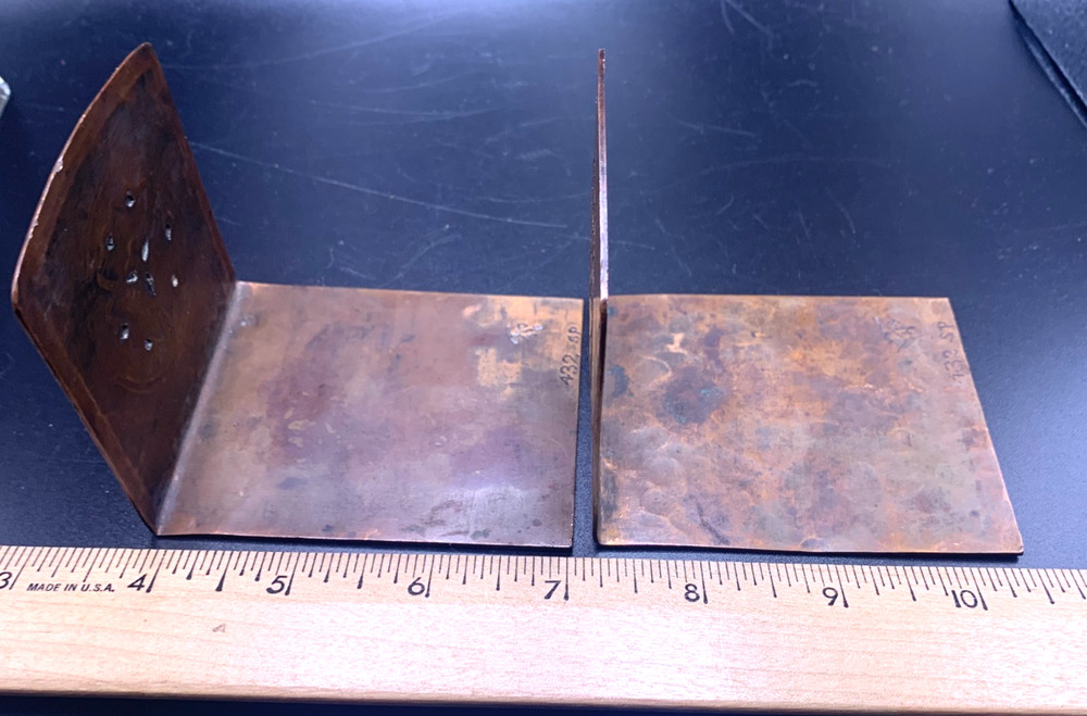 Antique Arts & Crafts copper small Sample Size Bookends on copper with script