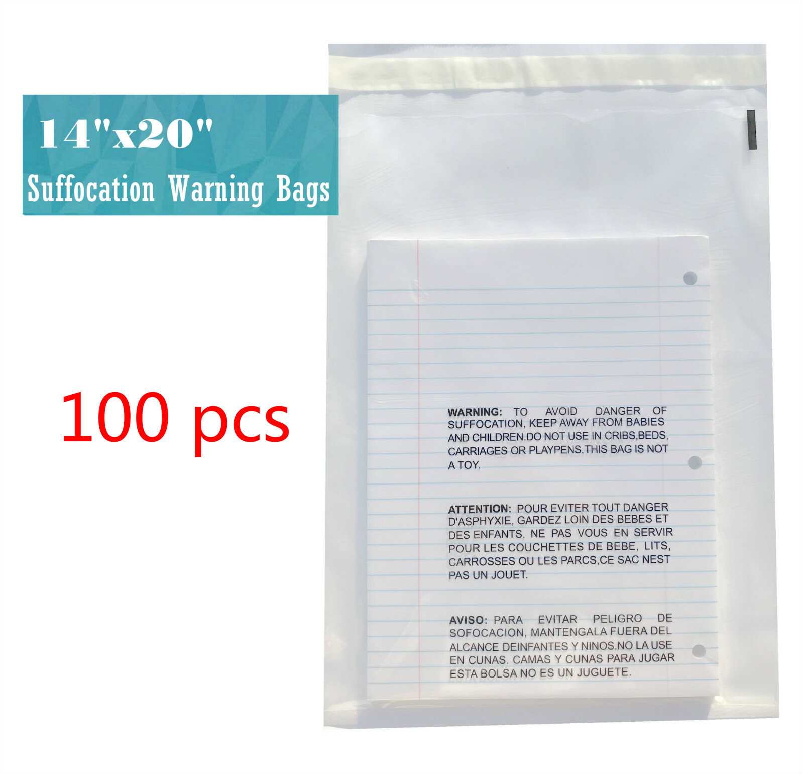 14x20 Clear Suffocation Warning Poly Self Seal Bags -ST ShipMailers