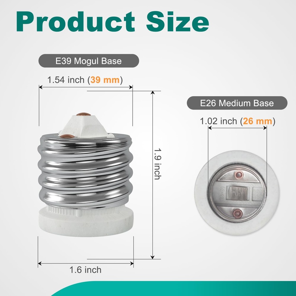 E39 to E26 Socket Converter, Ceramic Mogul E39 to Standard Medium E26 Adapter