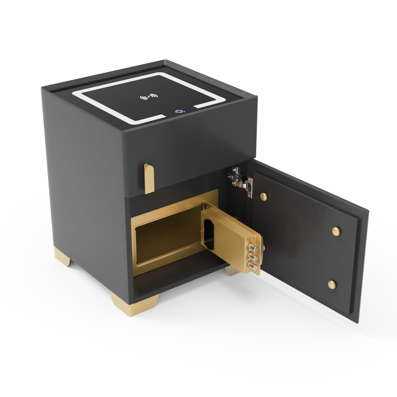 Deep Grey Smart Nightstand w/Security Safe Lock Box, 3-Color,Wireless Charging