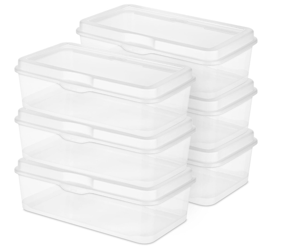 Sterilite 6-Pack Rectangular Large Fliptop, Clear Plastic Storage Box with Hinge