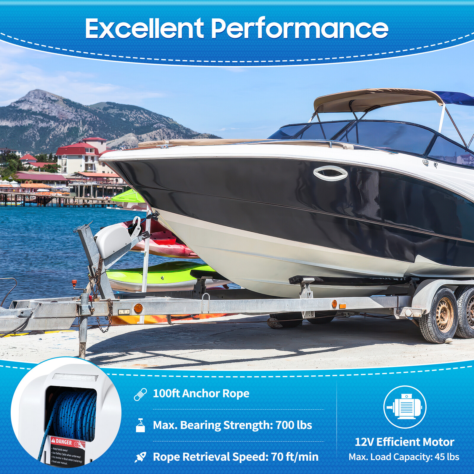 45 LBS Free Fall Saltwater Marine Boat Electric Anchor Winch W/ Wireless Remote