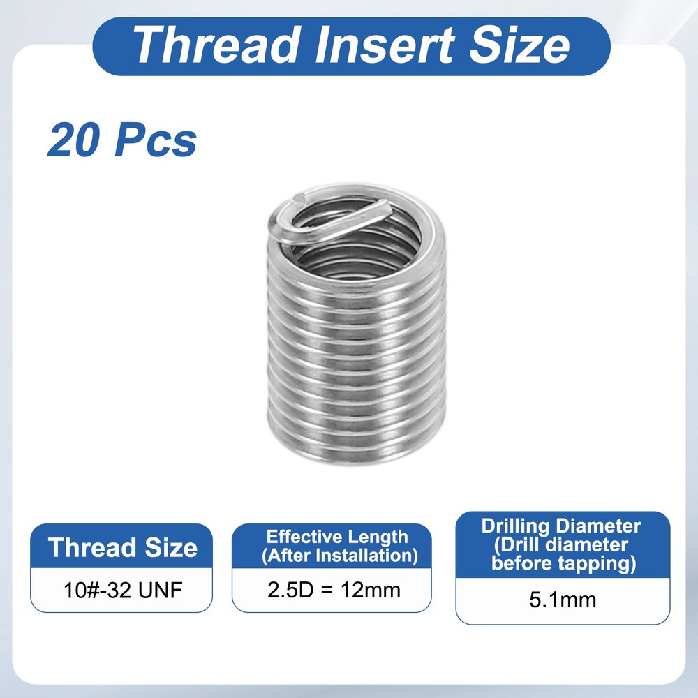 20pcs Wire Thread Inserts 10#-32 UNF 2.5D 12mm Helical Threaded Sleeve