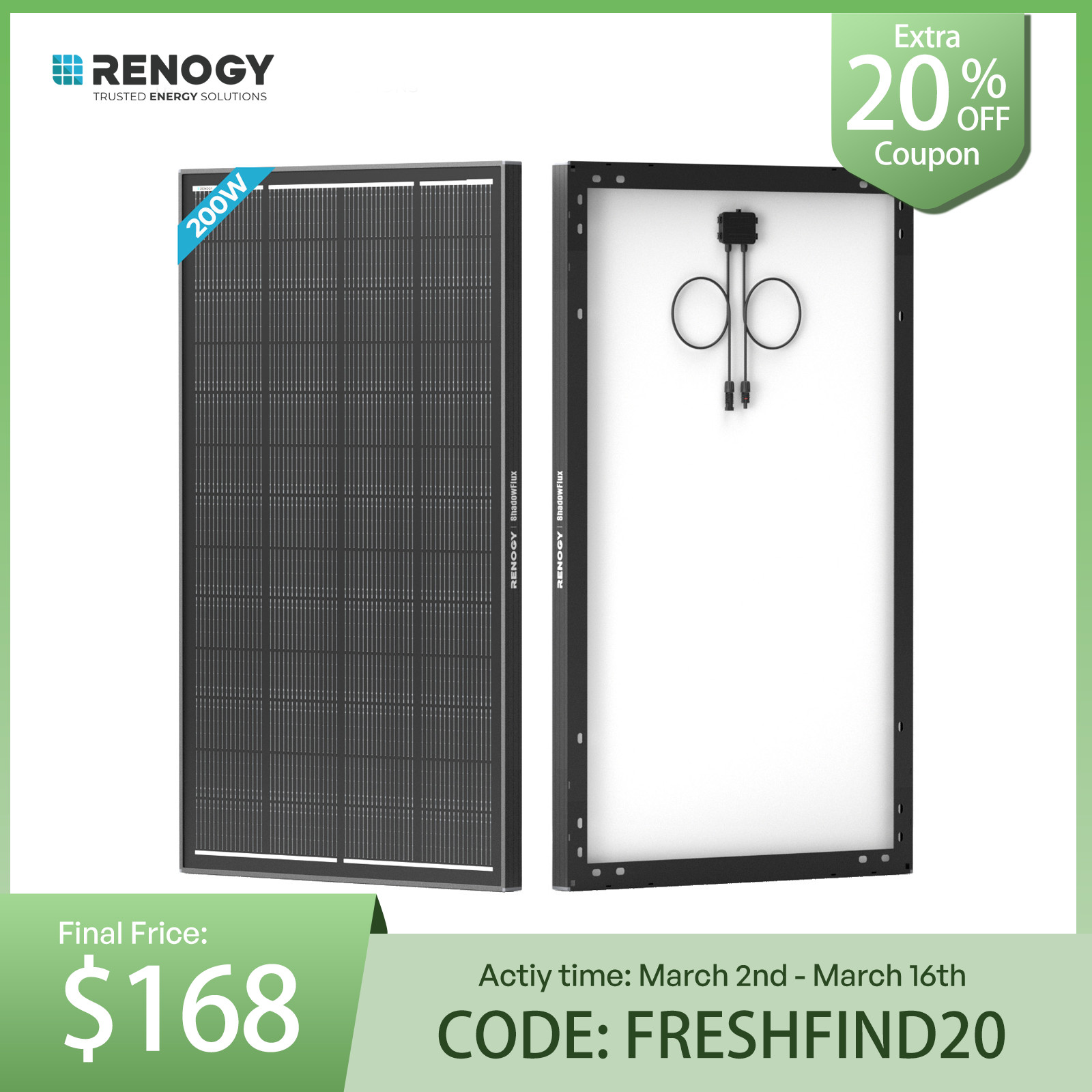 Renogy 200W ShadowFlux Anti-shading N-Type Solar Panel 25% High-Efficiency