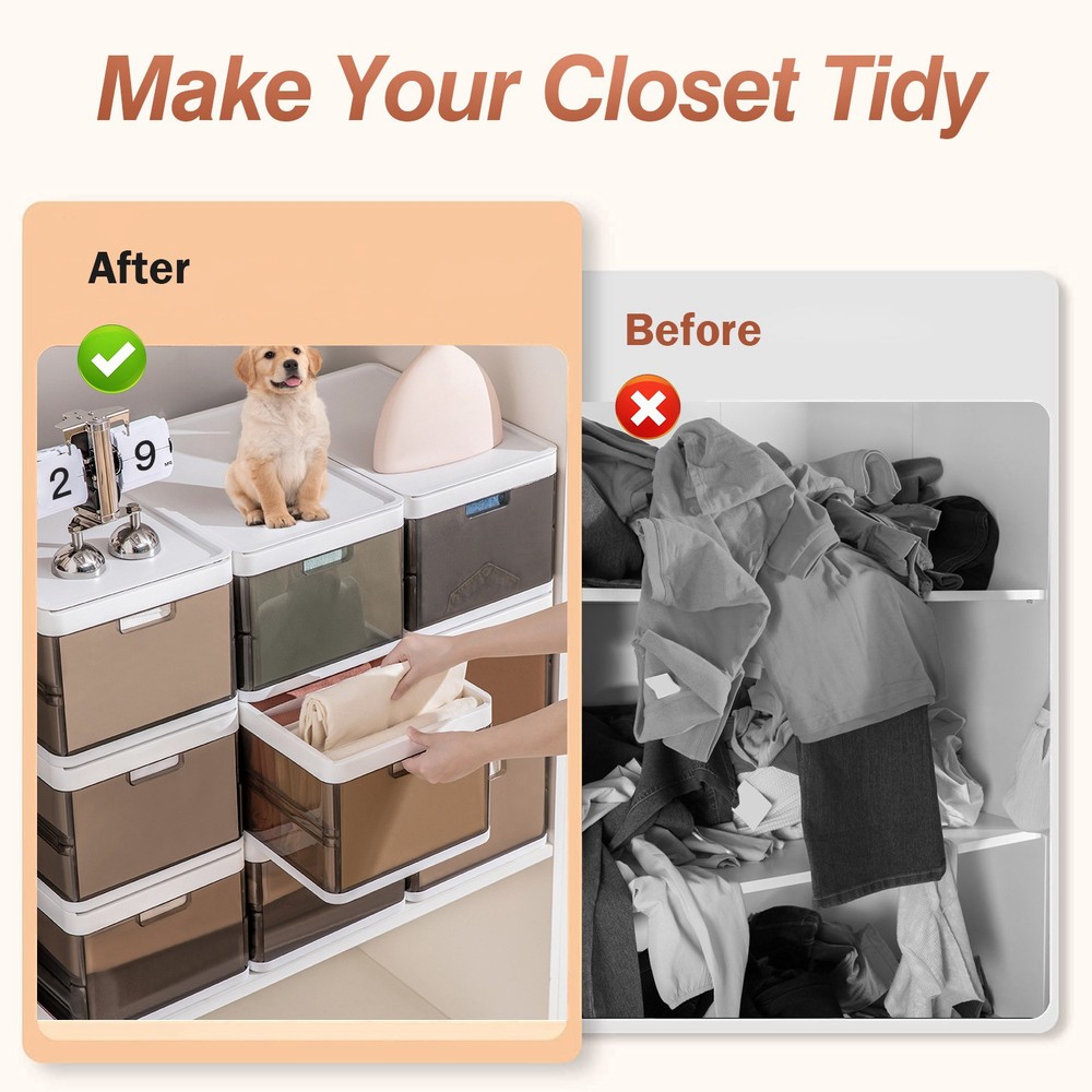 3 Pack Foldable Storage Bins with Lids Stackable Closet Organizer Plastic