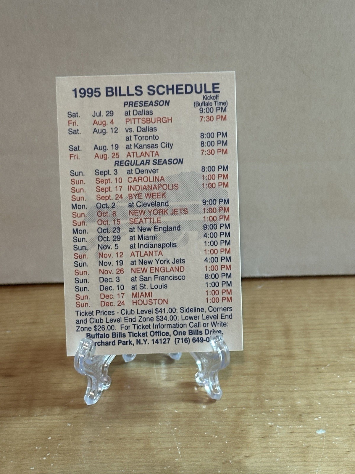 Buffalo Bills--1995 Pocket Schedule--Kmart