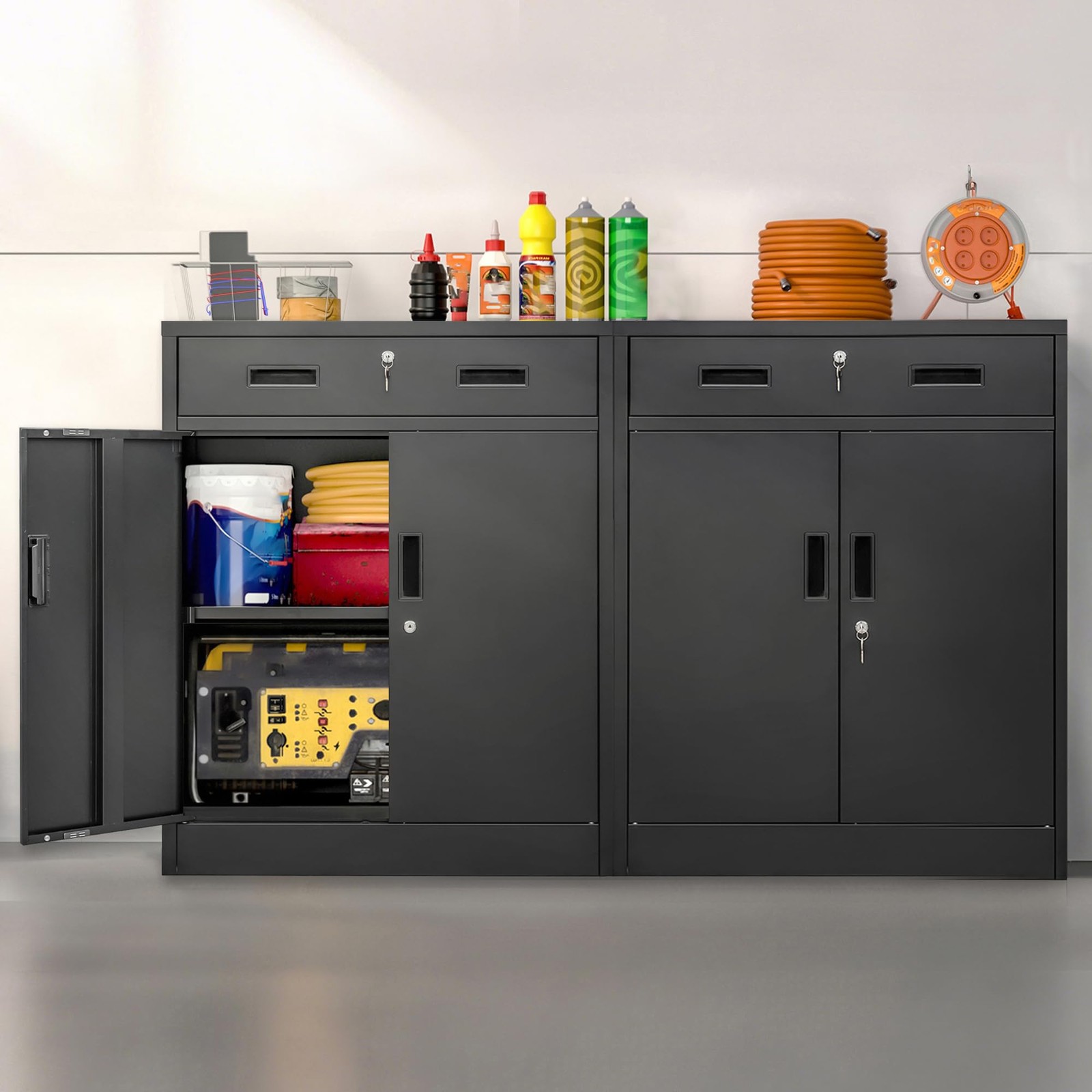 Metal Storage Cabinet, Locking Cabinet with One Drawer and Adjustable Shelf