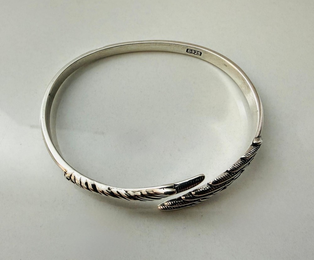 Sterling Silver 925 Feather Cuff Bracelet Adjustable Open Bangle Boho Style