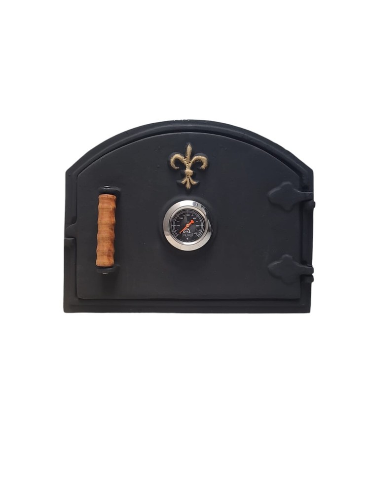 Wood-fired oven door with left handle