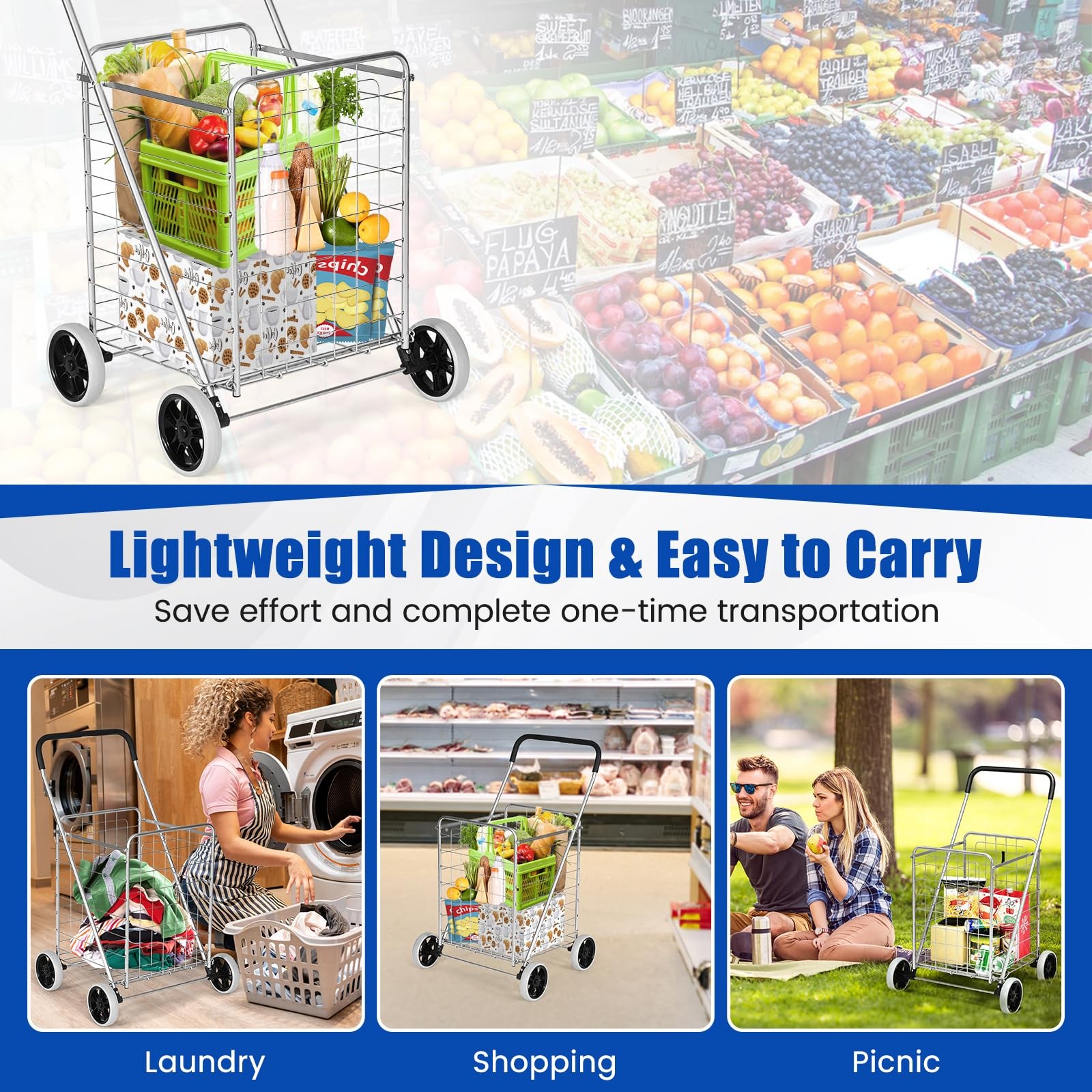 Foldable Heavy Duty Utility Cart Large Wheels Lightweight for Grocery Laundry