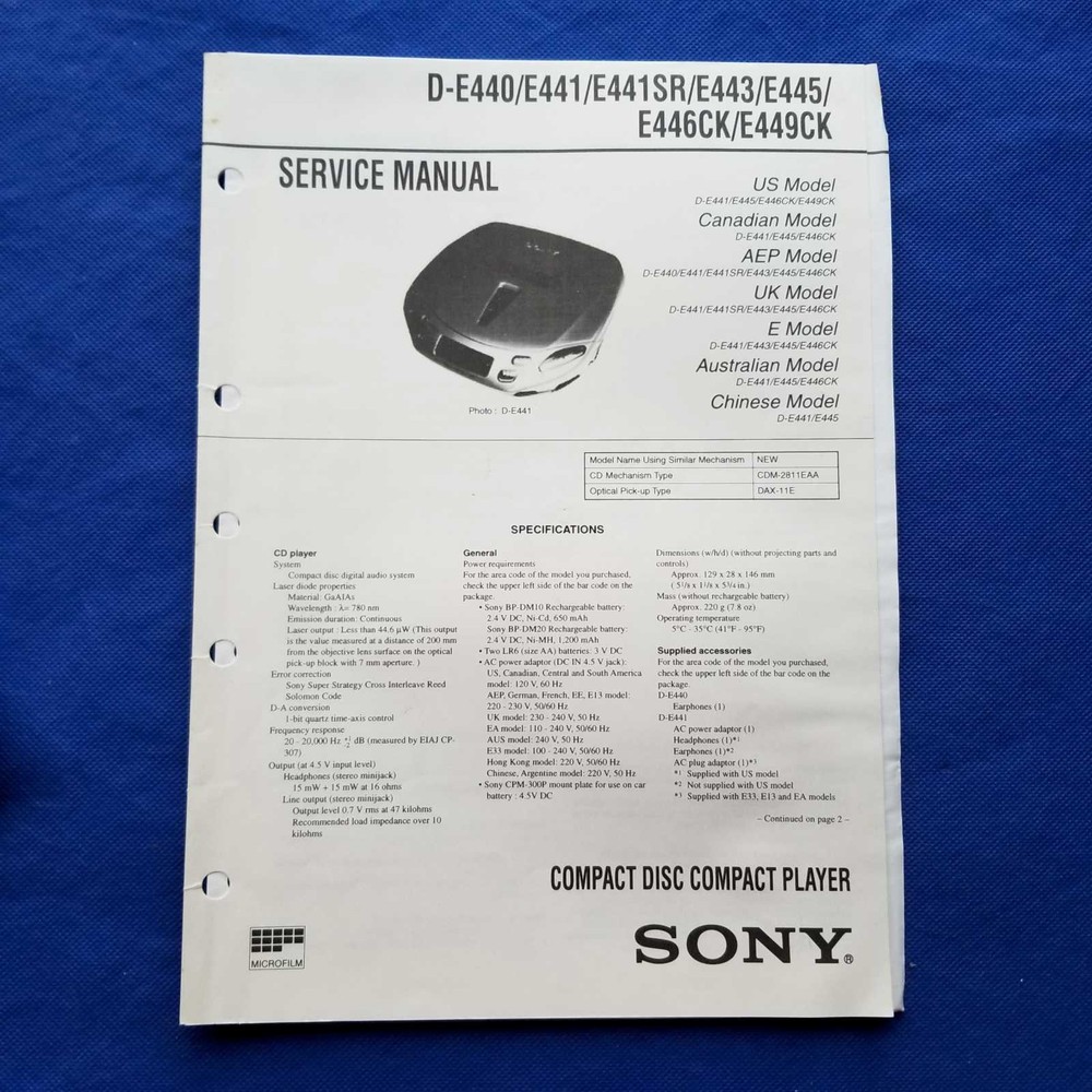 SONY D-E440 D-E441 D-E441SR D-E443 D-E445 Service Manual Original Paper OEM Repa