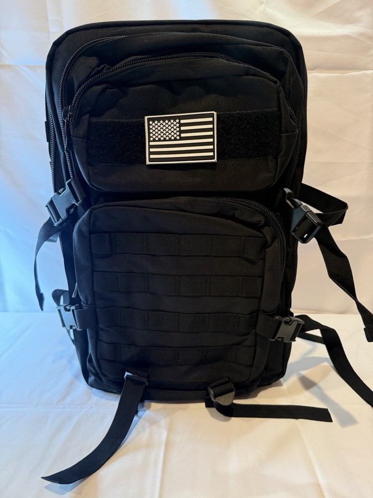 Tactical Backpack Black Nylon Large MOLLE Webbing American Flag Patch Zip Buckle