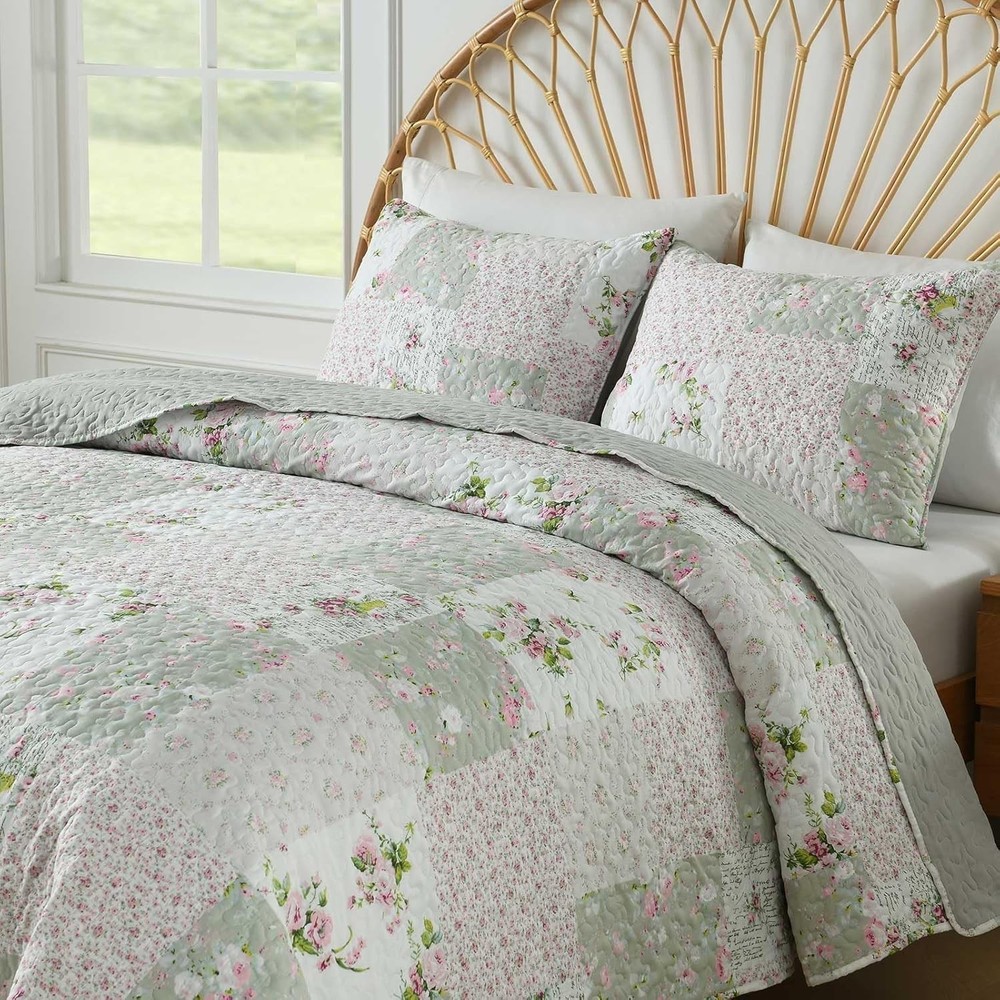 3 Piece Full Size Quilt Set Queen Lightweight Soft Plaid Patchwork Bedding
