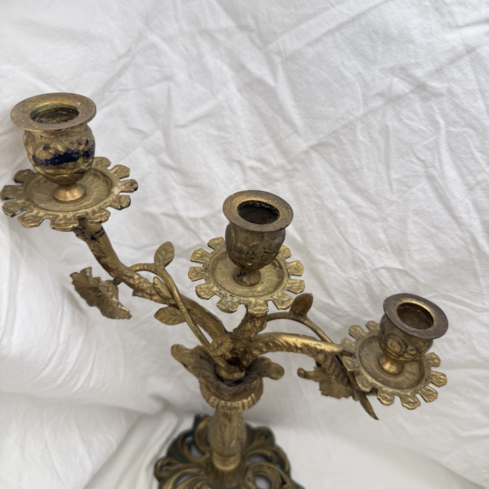 Vtg Triple Candelabra Ornate Floral Heavy Brass Candlesticks Candle Holders Pair
