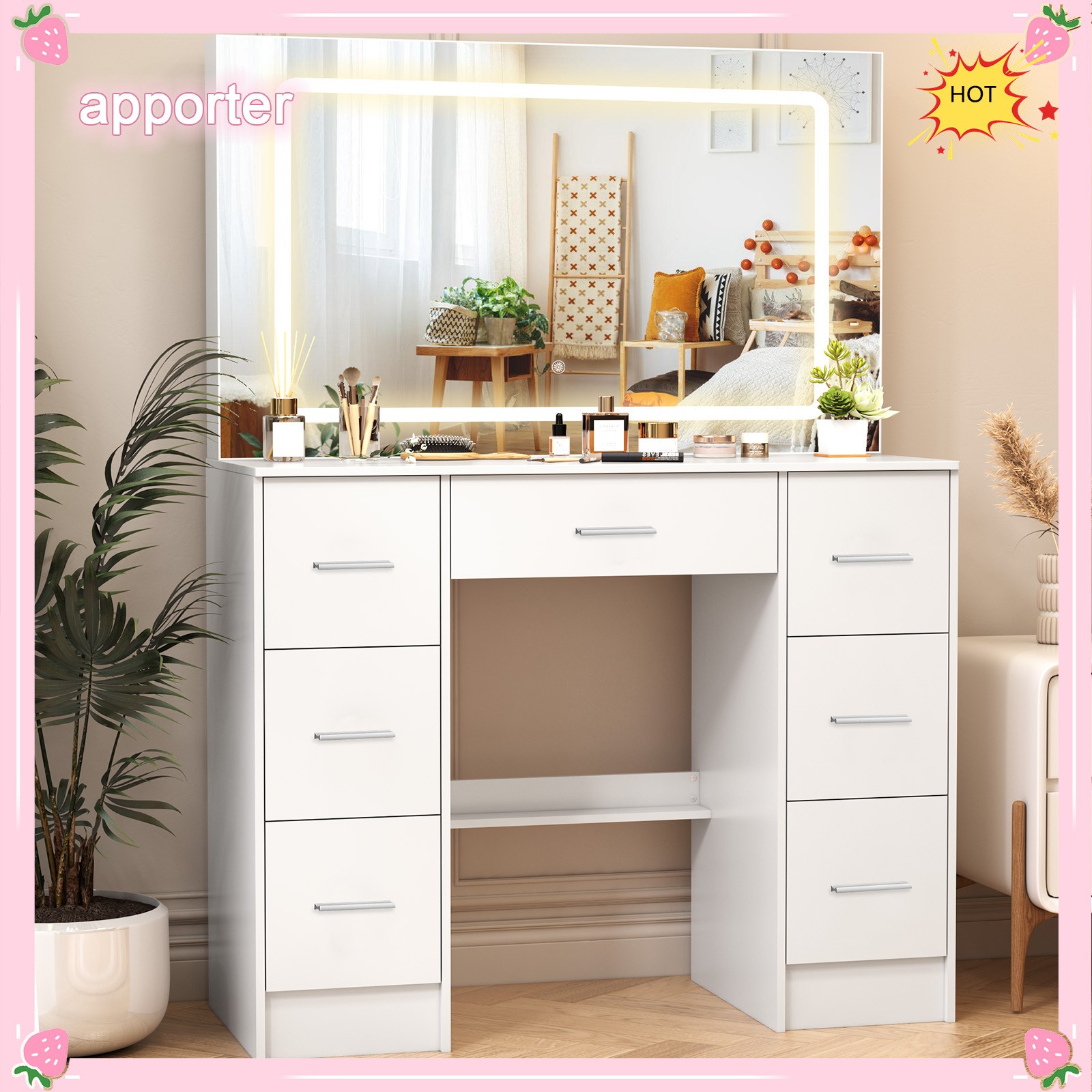 10 LED Lights With Large 3 Colors Mirror Makeup Dresser Desk Vanity Drawer Table