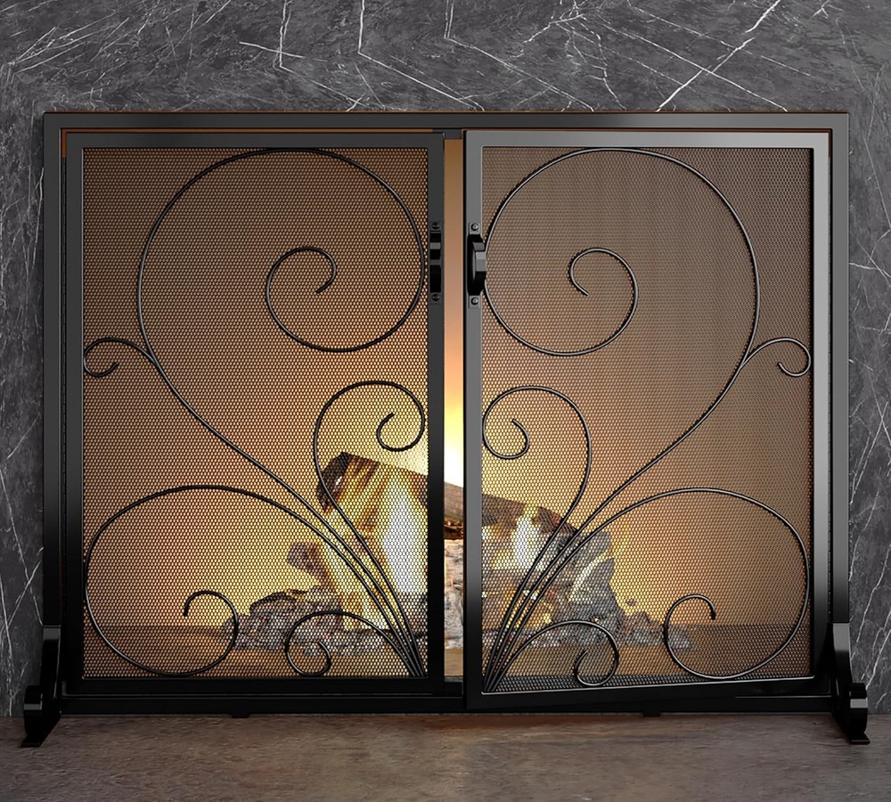Flat Fireplace Screen W/ Doors,Solid Wrought Iron Frame W/ Metal Mesh Flat Panel