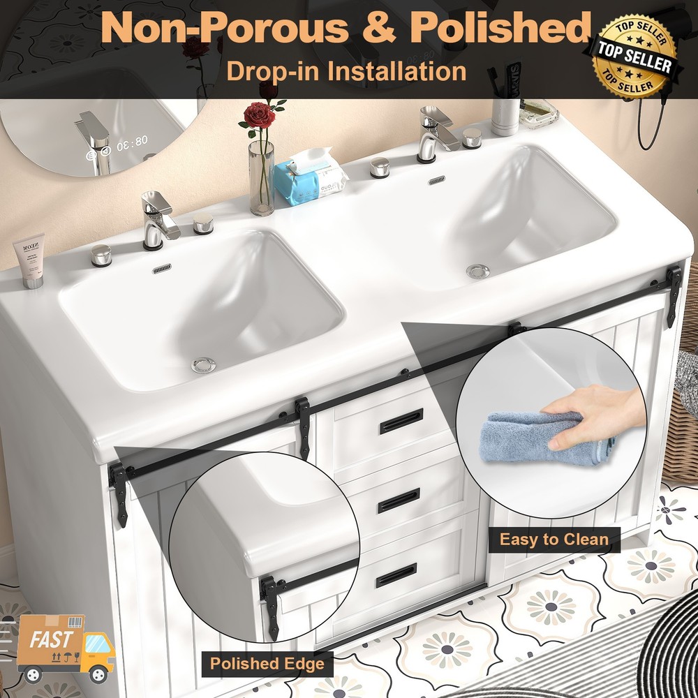 47" White Ceramic Vanity Top, Single Hole Rectangular Sink Basin w/ Faucet Hole