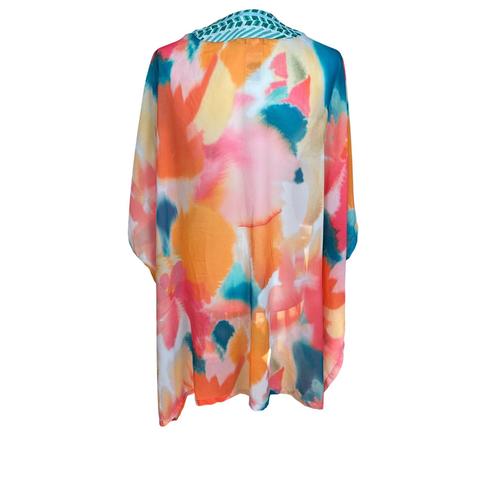 Chico's Kimono Wrap Womens L/XL Orange Pink Watercolor Abstract Boho Coverup