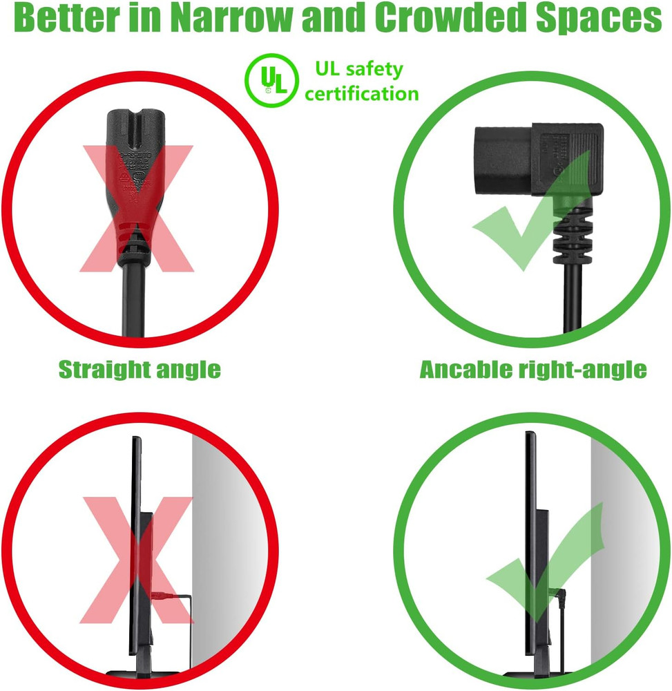 3 Prong Left Angle Power Cable 3Ft Heavy Duty AC Cables Forc13 Angle Type Cable,