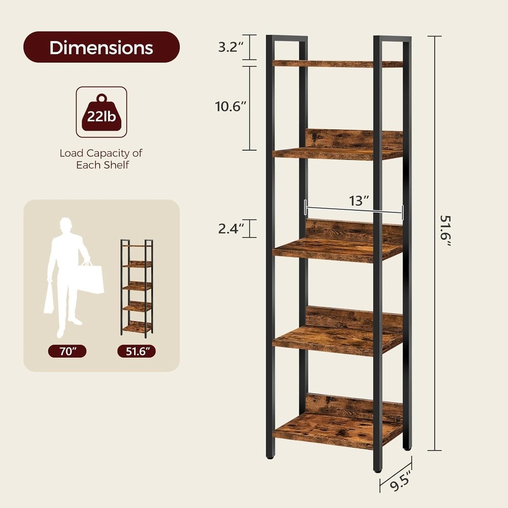 5 Tier Bookshelf Bookcase Standing Storage Shelf Organizer for Small Space