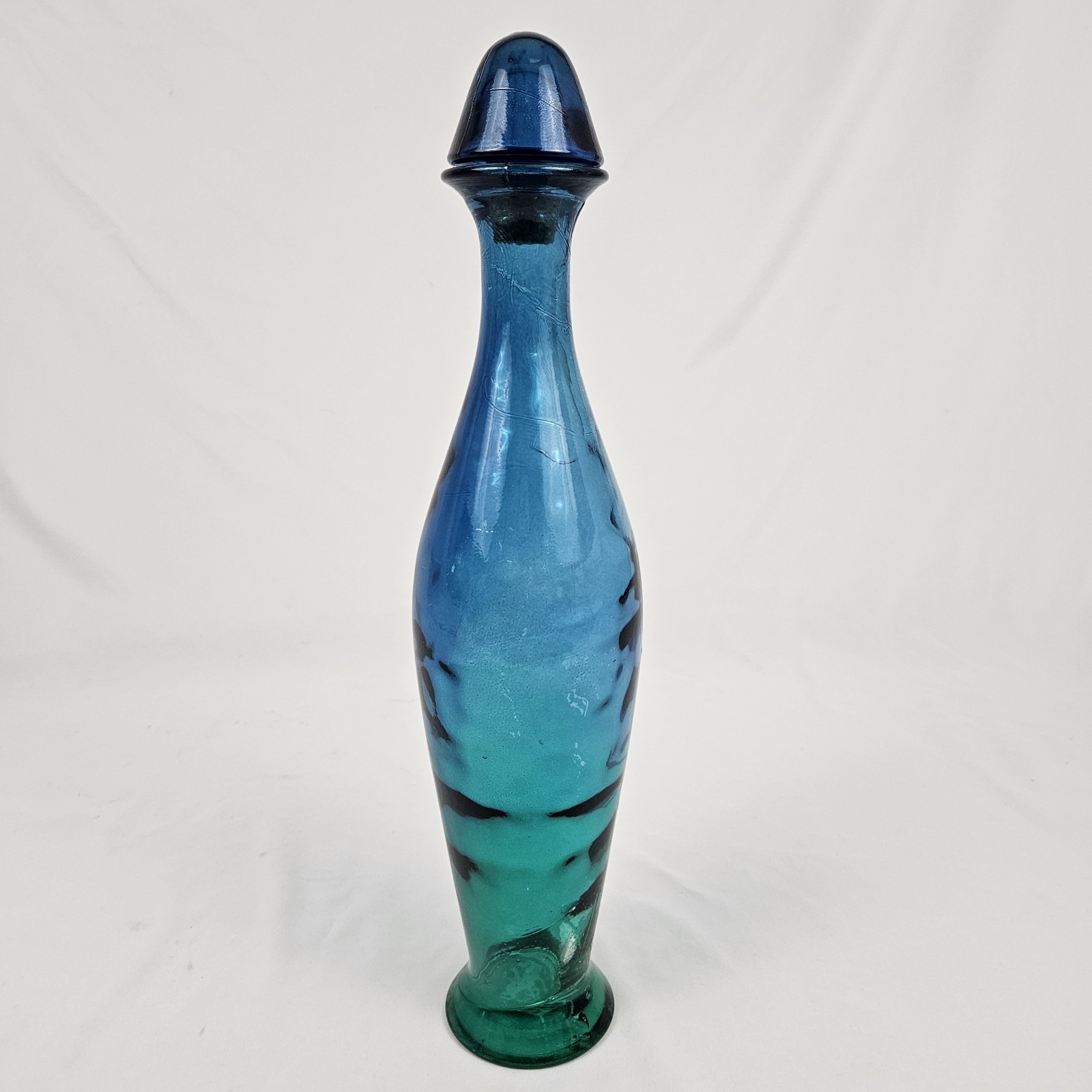 Vintage Blown Glass Decanter Genie Bottle 19” Tall W/ Stopper Blue Flash Pier 1