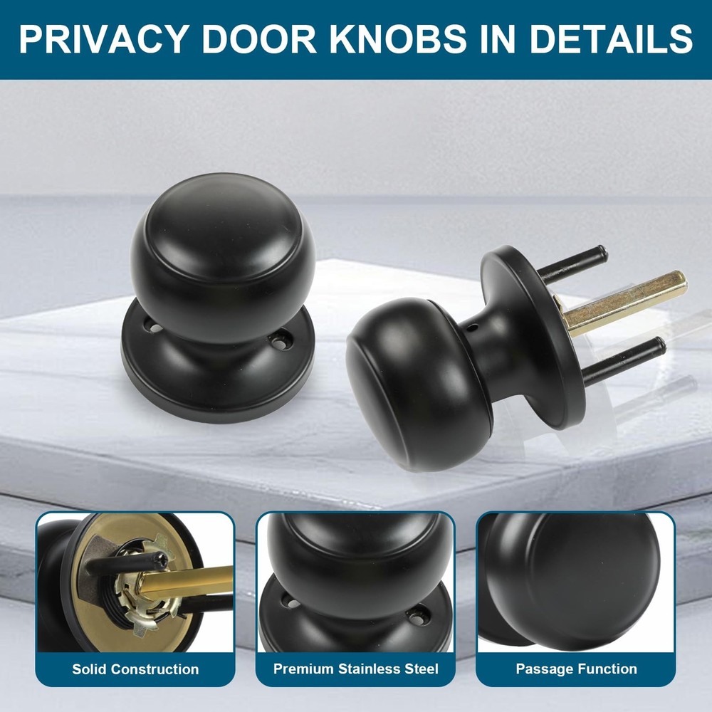 Passage Door Knobs, 4 Pack Matte Black Door Knobs, for Hallway & Closet Non-L...