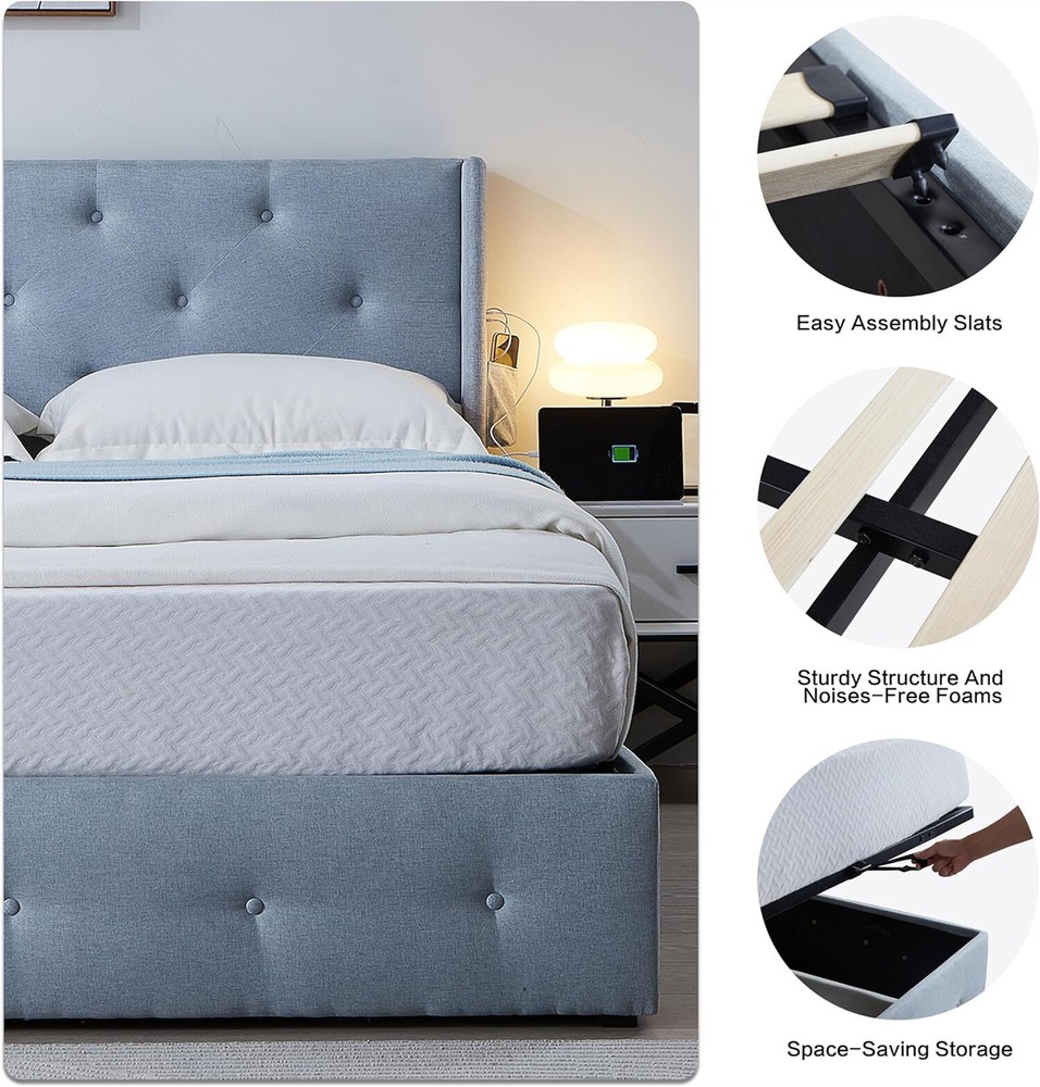 Full Size Bed Frame Upholstered Platform Bed Frame with Headboard & USB Port US
