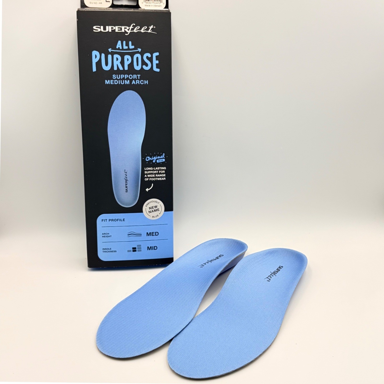 Superfeet All Purpose Support Medium Arch Blue Insoles SzE Mens 9.5-11 W 10.5-12