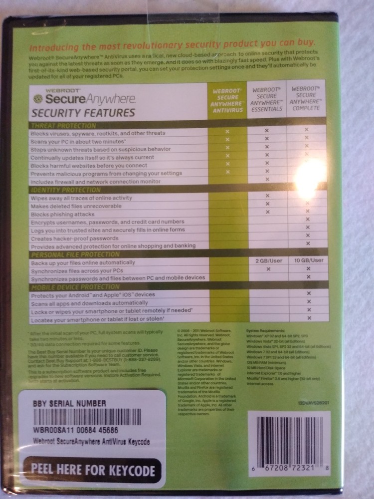 Webroot Secure Anywhere Antivirus 2012 w/keycode for Windows - NEW!