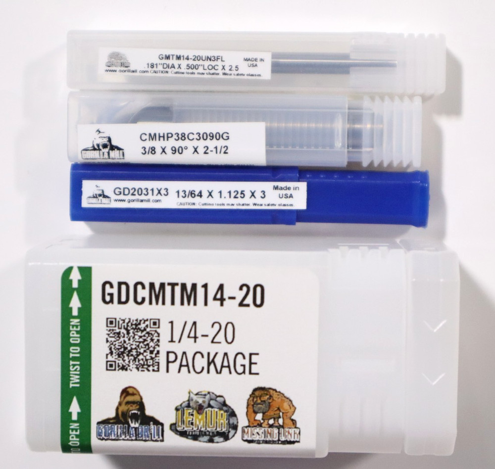 GORILLA MILL, 1/4-20 THREAD Pkg,13/64" DRILL, 3/8" CHAMFER MILL, 1/4 THREAD MILL