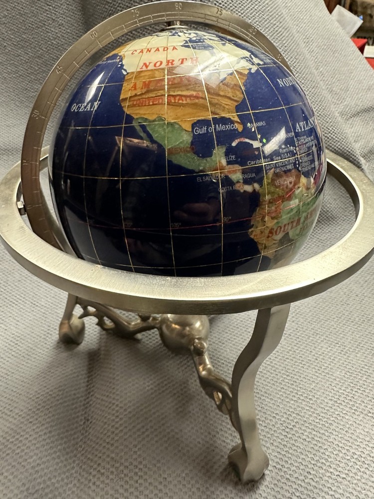 10 Inch Decorative Gemstone Inlaid World Globe With Solid Brass Three.