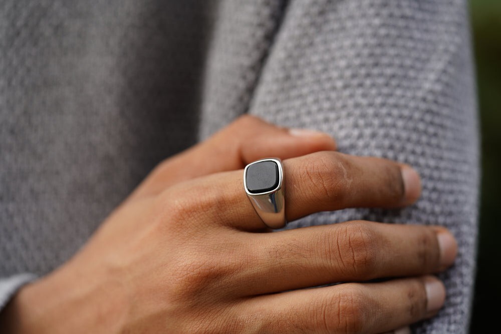 Cushion Black Onyx Ring in Silver or Gold Natural Gemstone Ring For Husband Mens