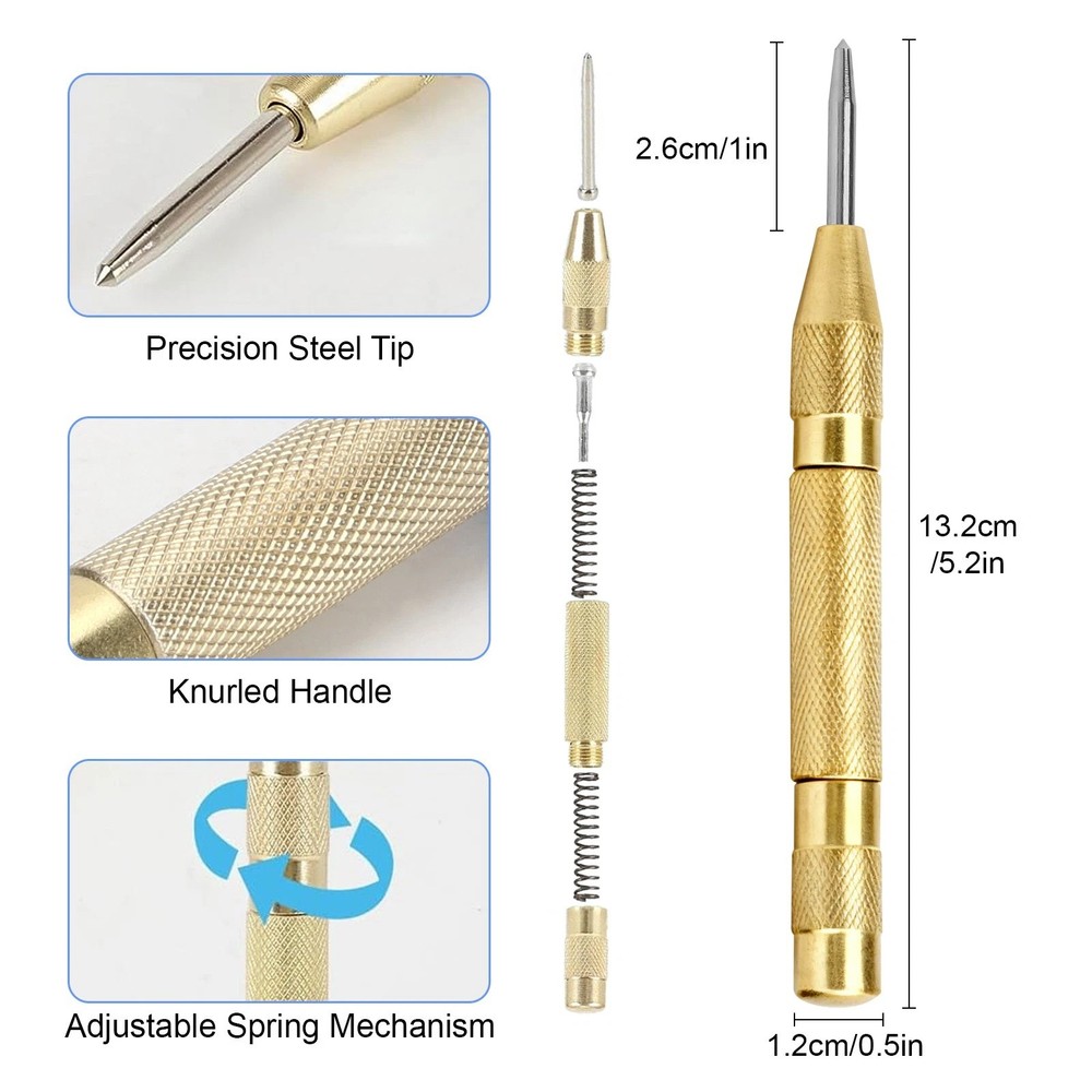 3 Piece Automatic Center Punch Set Adjustable Spring Loaded No Hammer Needed