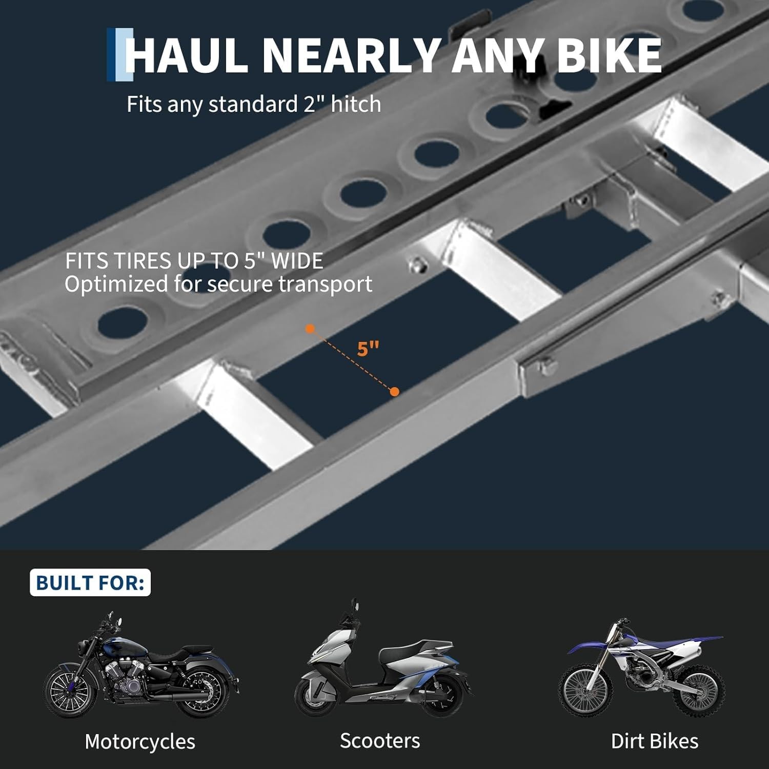 600lb Anti-Wobble Motorcycle Hitch Carrier Rack Non-Slip Arched Ramp FIT 2"Hitch