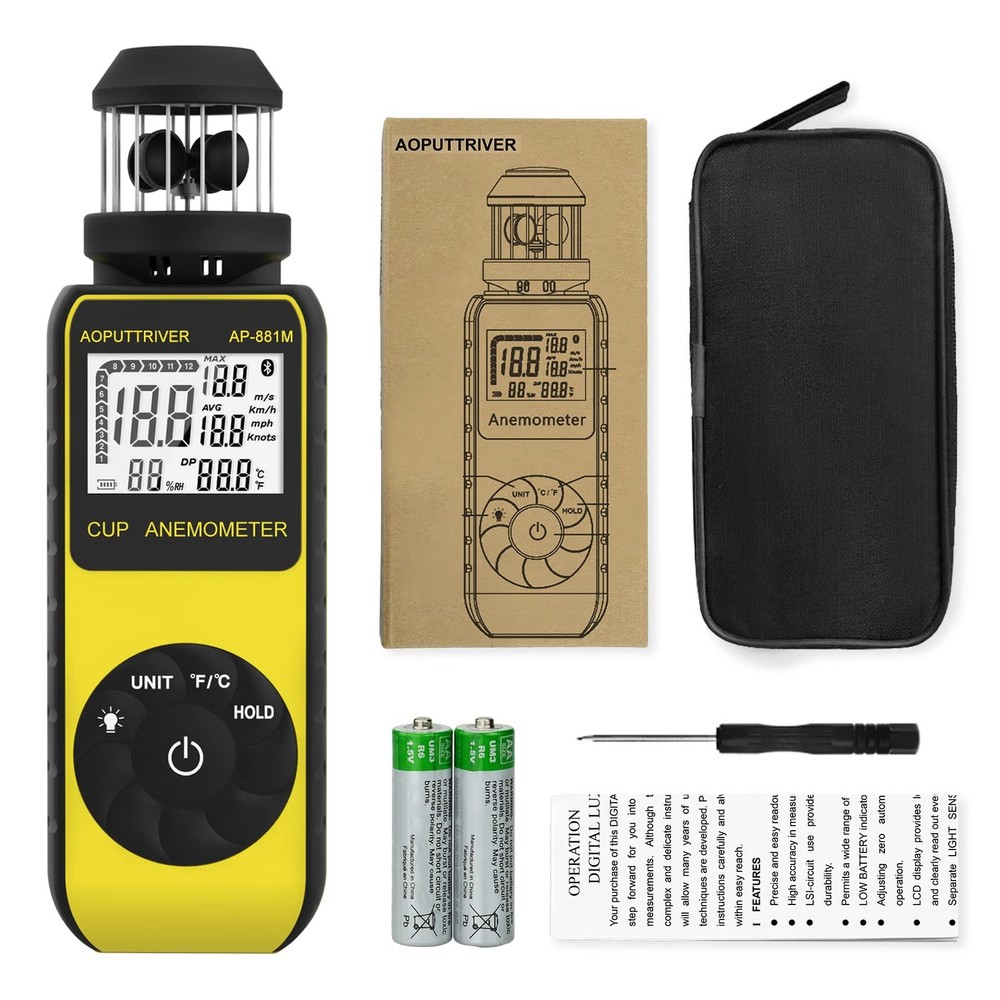 Wind Cup Anemometer with 360°Direction, Handheld Wind Speed Meter Temp℃/℉ Mea...