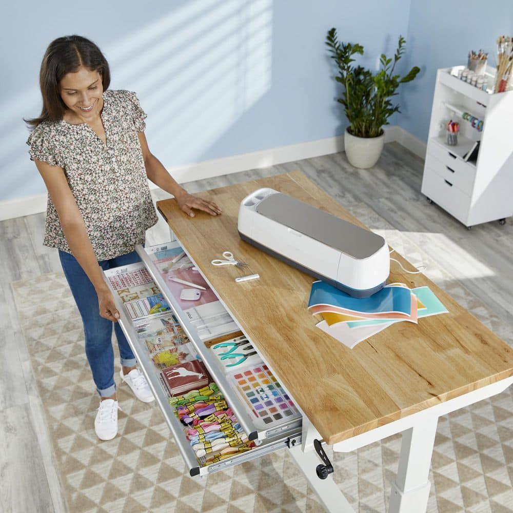 Workbench Table 52 W x 24 Steel 2-Drawer Adjustable Height Solid Wood Top White