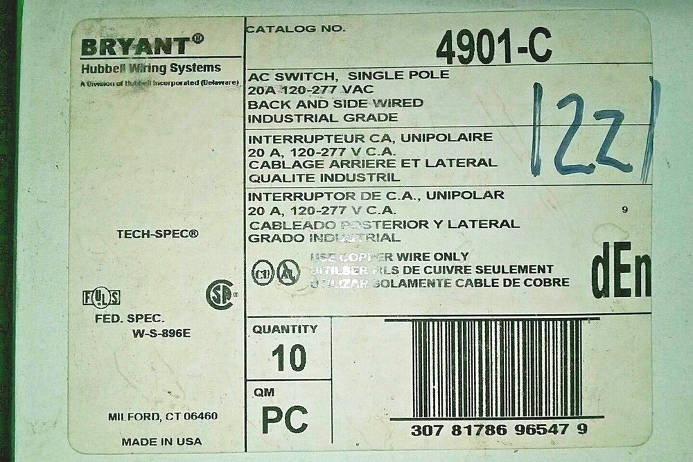 (C) Bryant AC switch single pole (Brown) toggle no. 4901-C (10 PACK)