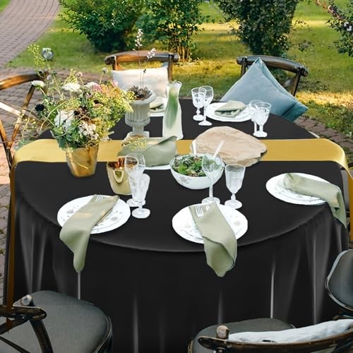 12 Pcs Round Plastic Tablecloth and Satin Table Runner, 84" Plastic Black Gold