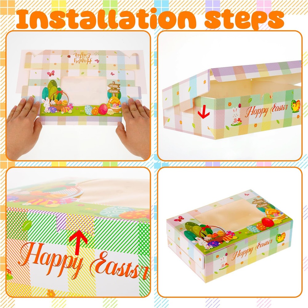 24Pcs Easter Cookie Boxes with Window, Easter Buffalo Plaid Cute Bunny Egg Co...