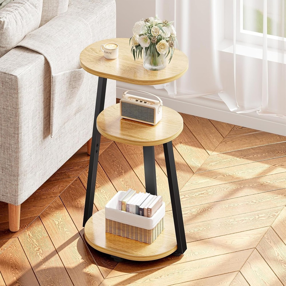 Side Table Small End Table W/ Metal Frame 3-Tier Bedside Tables Round Side