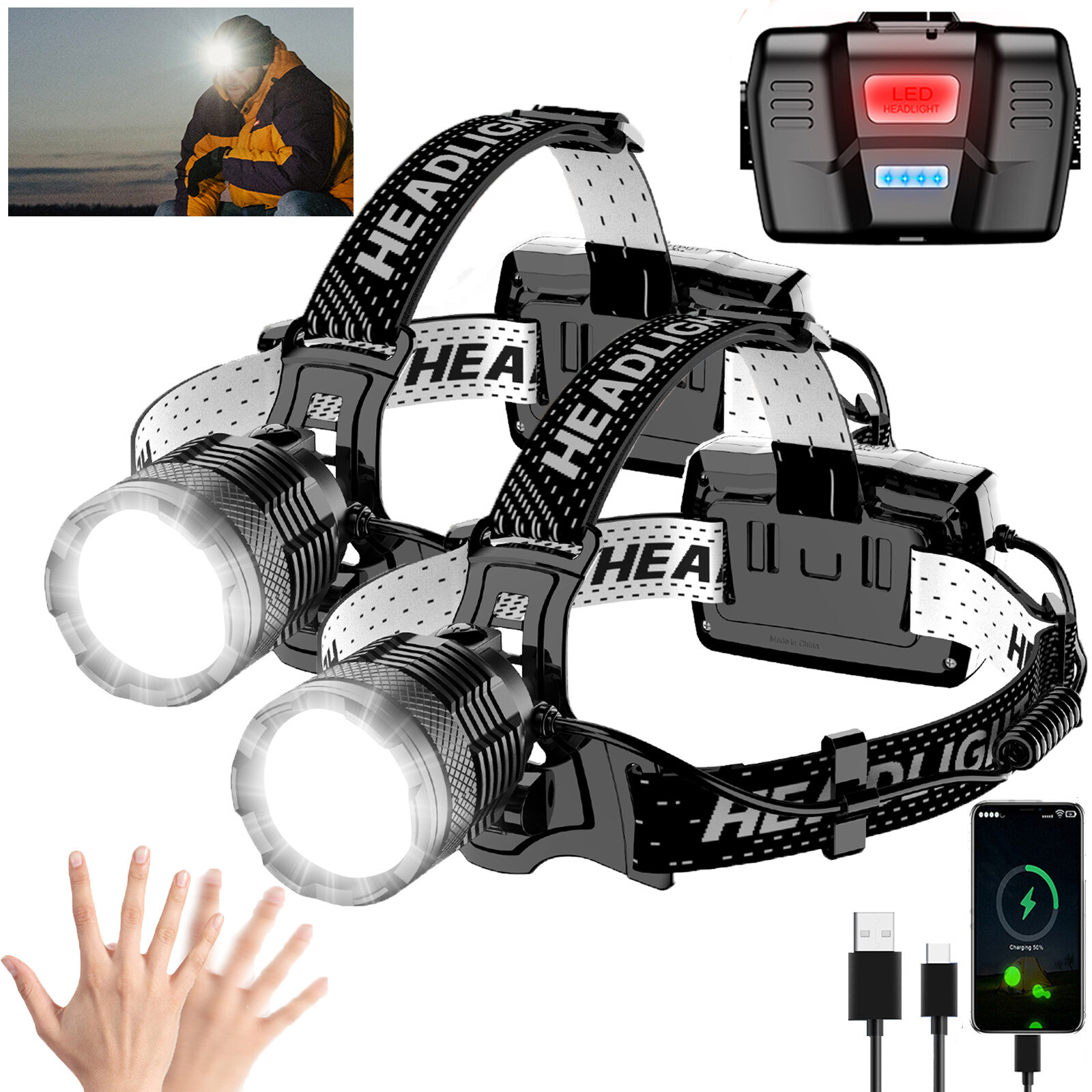2X 1200000LM Super Bright 30W LED Headlamp Rechargeable Motion Sensor Head Light