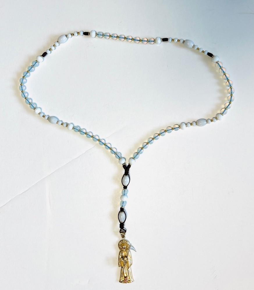 Santa Muerta Holy Death Grim Reaper white Rosary gemstone Opal and peal handmade