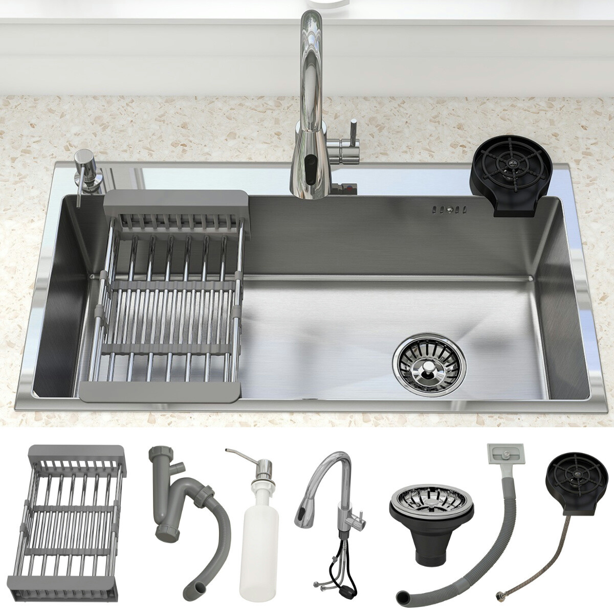 Kitchen Sink Drop In Stainless Steel Single Bowl Top Mount w/ Faucet 28"/30"/32"