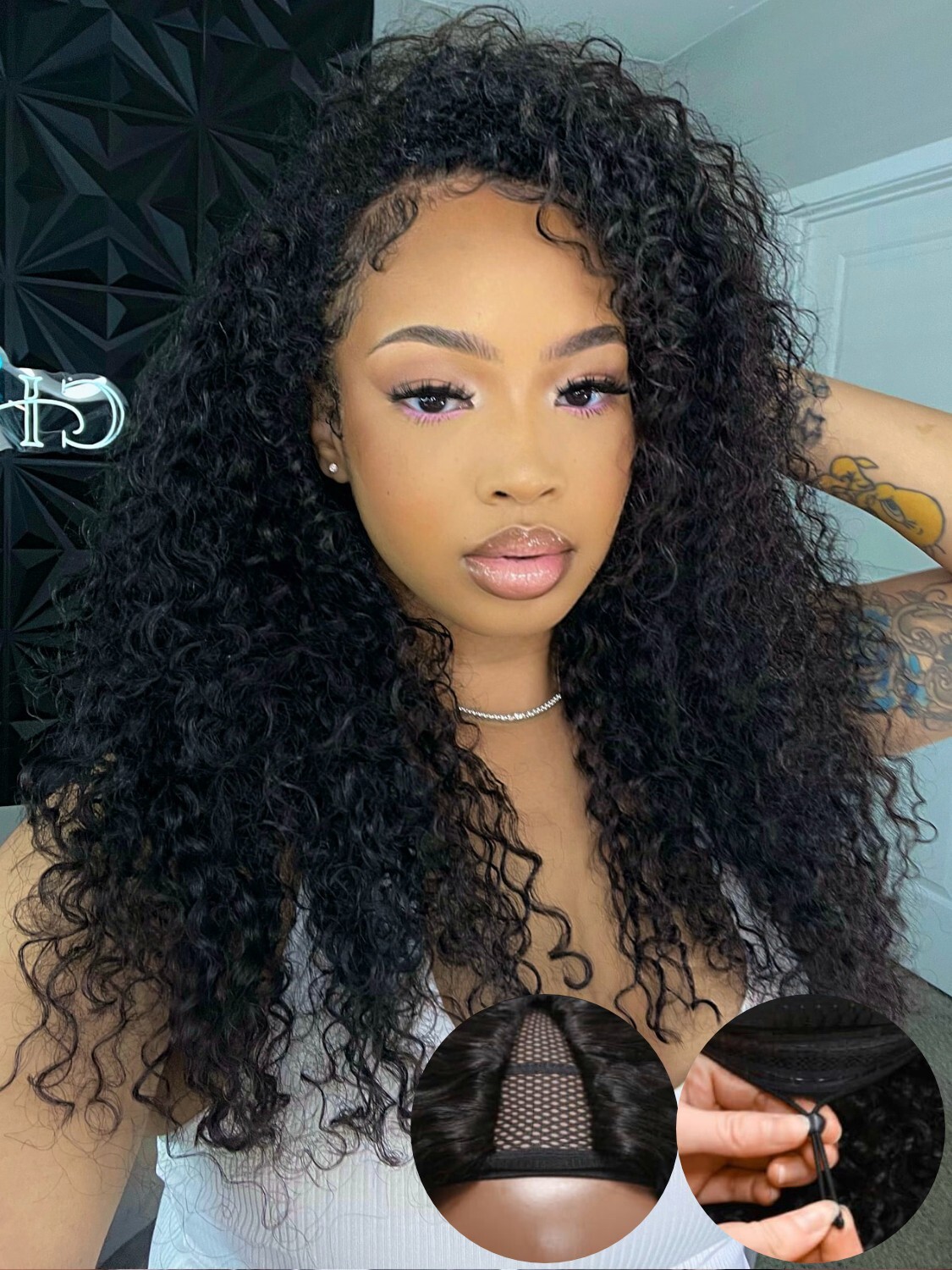 UNice Brazilian Curly V Part Human Hair Wig with Drawstring Glueless Wear Go Wig