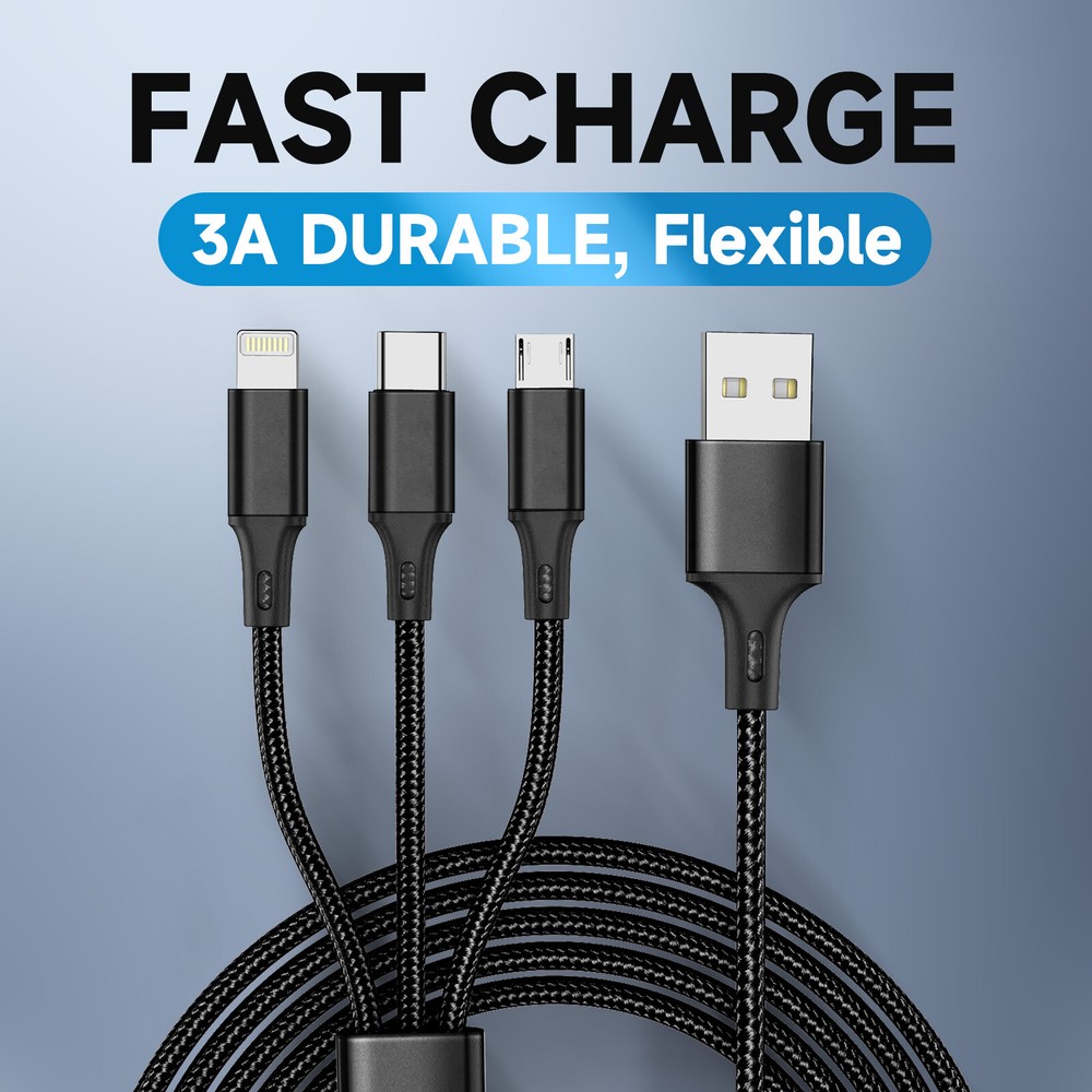3A Fast USB Charging Cable Universal 3 in 1 Multi Function Cell Phone Charger