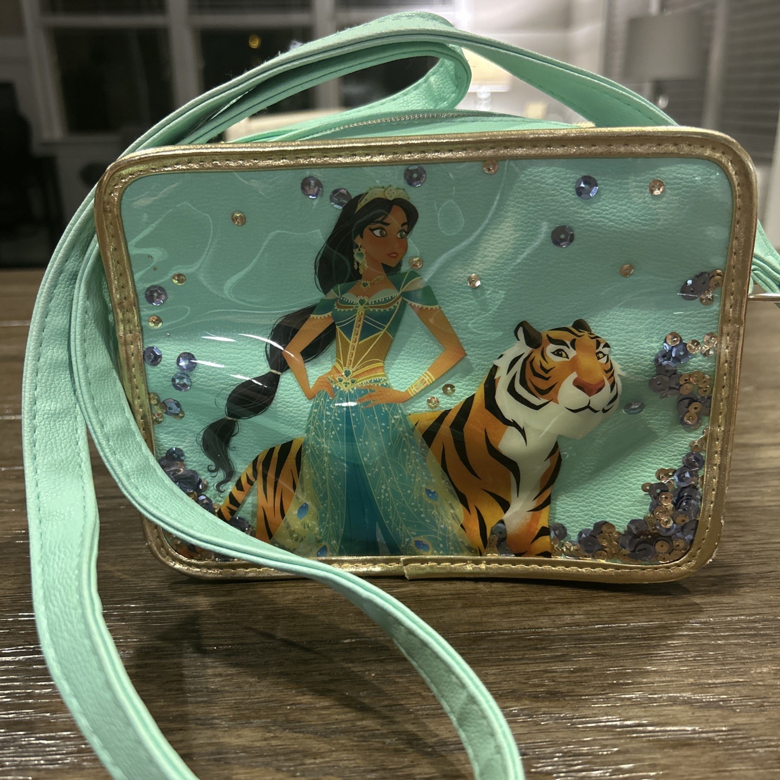 Disney Jasmine & Rajah Beautiful Crossbody Bag Danielle Nicole Teal Sparkle EUC