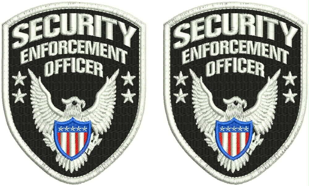 SECURITY ENFORCENT OFFICER 2 EMB SHOULDER 4.5X3.75 HOOK ON BACK WHITE ON BLACK