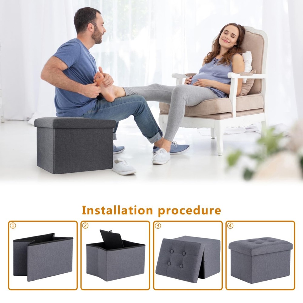 Small Ottoman with Storage, Footrest Stool, Space Saving Design, Grey