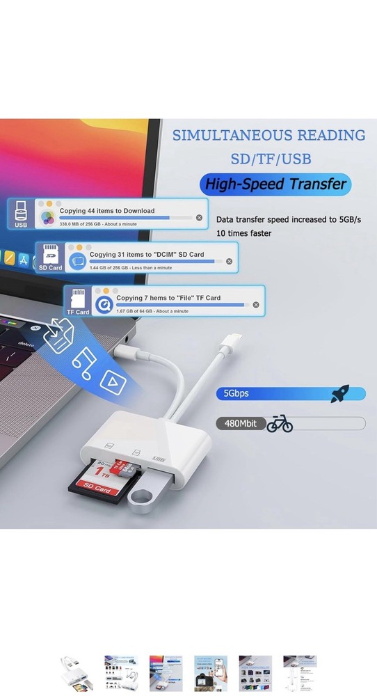 SD Card Reader for iPhone, iPad, USB C and Lightning